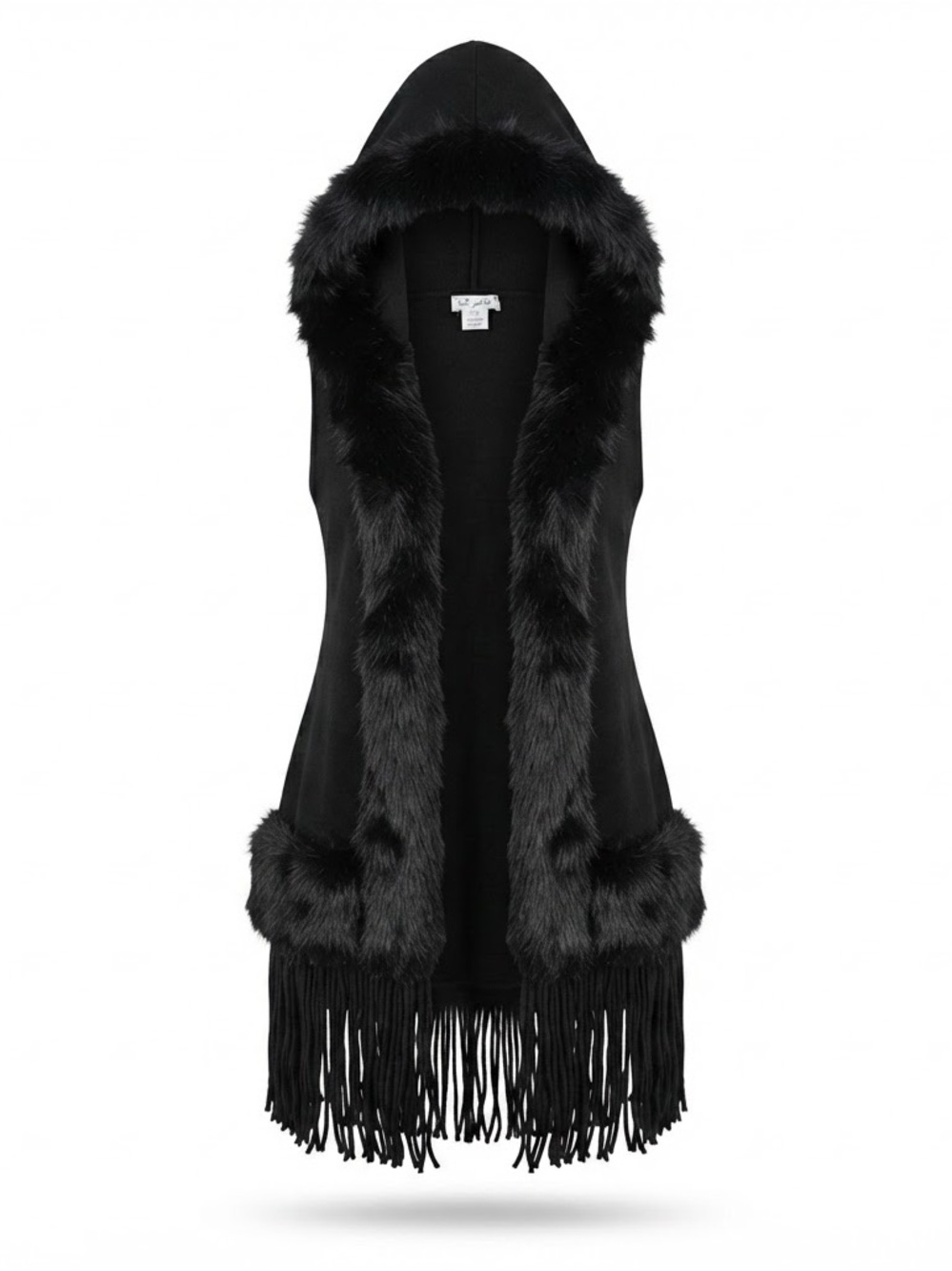Women's Black Faux Fur Hooded Fringe Vest